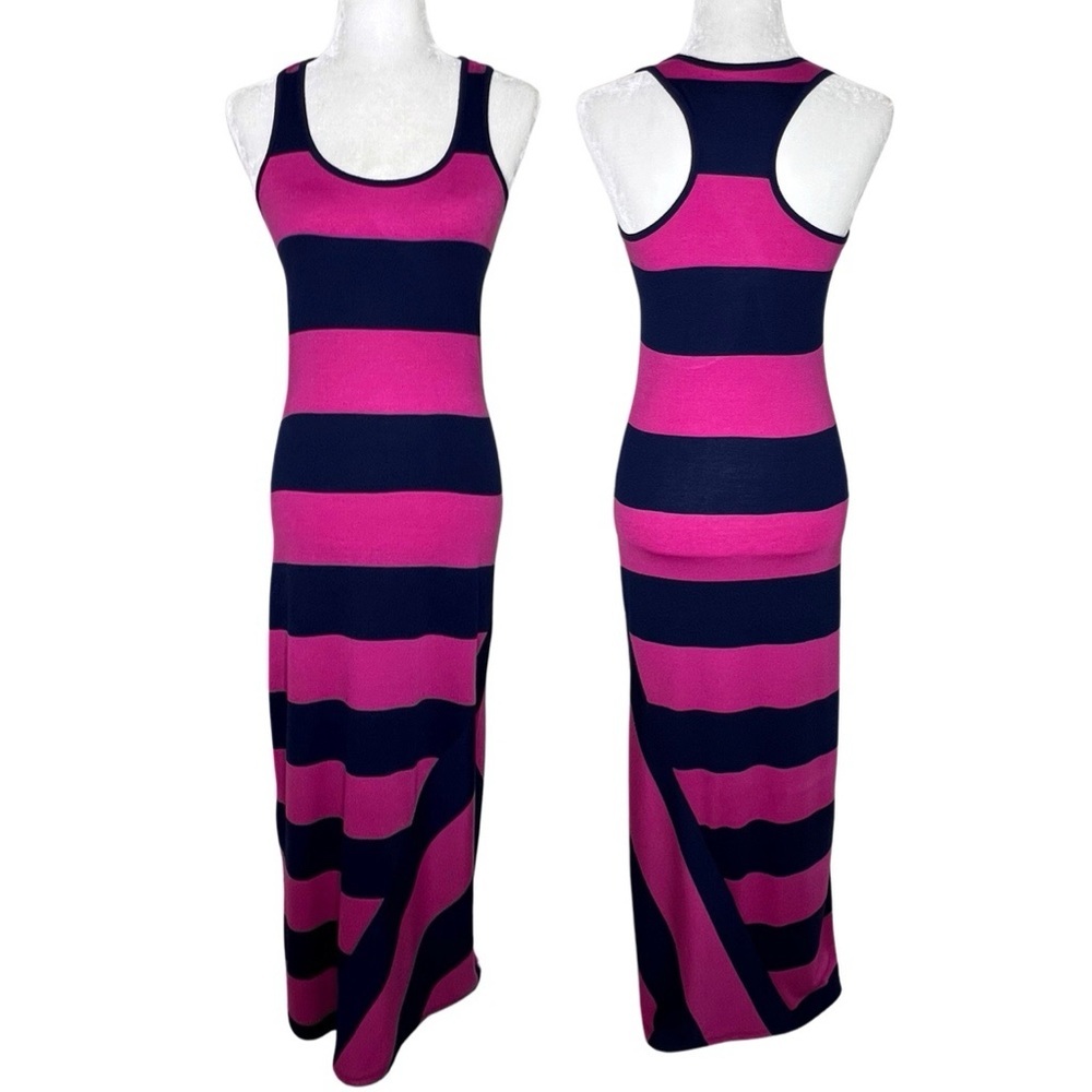 Racerback Maxi Dress Striped Stretchy Fuchsia Hot Pink Navy Blue XS 6 degrees